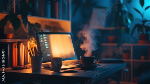 Obraz na płótnie Inviting workspace atmosphere showcasing a laptop, coffee, and ambient lighting w salonie