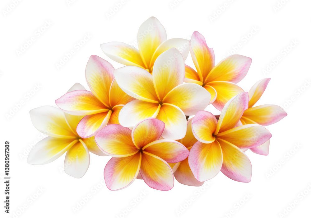 A cluster of frangipani plumeria flowers with soft white petals isolated on transparent background A cluster of frangipani plumeria flowers with soft white petals isolated on transparent background