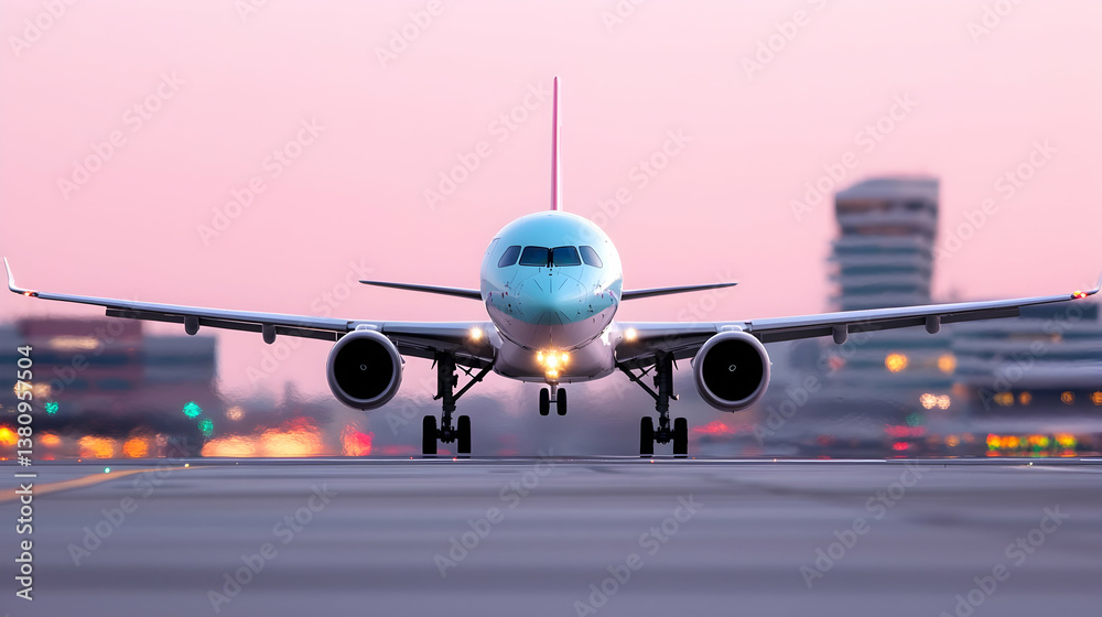 Obraz premium Jet Plane on Runway at Sunset