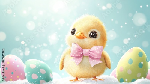 Obraz na płótnie Cute Chick Wearing Pink Bow Standing Among Decorated Eggs Illustration w salonie