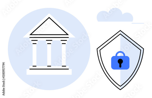 Classical bank building with pillars next to a shield featuring a lock. Ideal for finance, banking, cybersecurity, investment, protection, risk management, financial systems. Abstract line flat