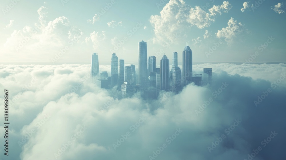Cityscape veiled in clouds, presenting a modern architectural skyline in the sky
