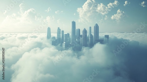 Obraz na płótnie Cityscape veiled in clouds, presenting a modern architectural skyline in the sky w salonie