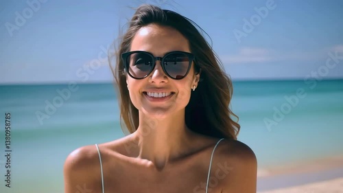 Beautiful woman in sunglasses on the seashore