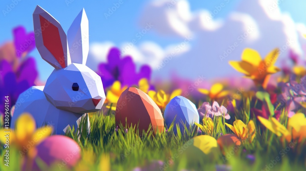 Low Poly Rabbit and Eggs in Flower Meadow Under Cloudy Sky