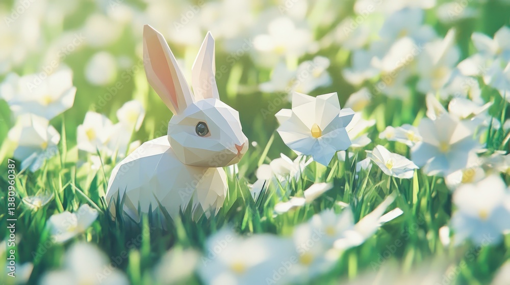 Geometric Rabbit Amongst White Flowers Growing in Green Meadow