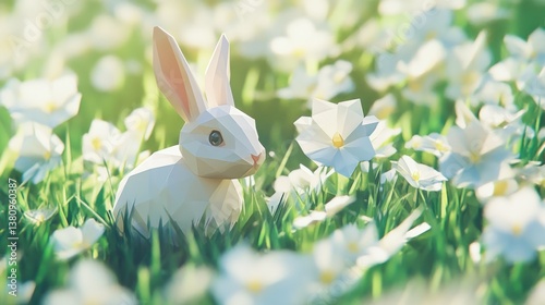 Obraz na płótnie Geometric Rabbit Amongst White Flowers Growing in Green Meadow w salonie