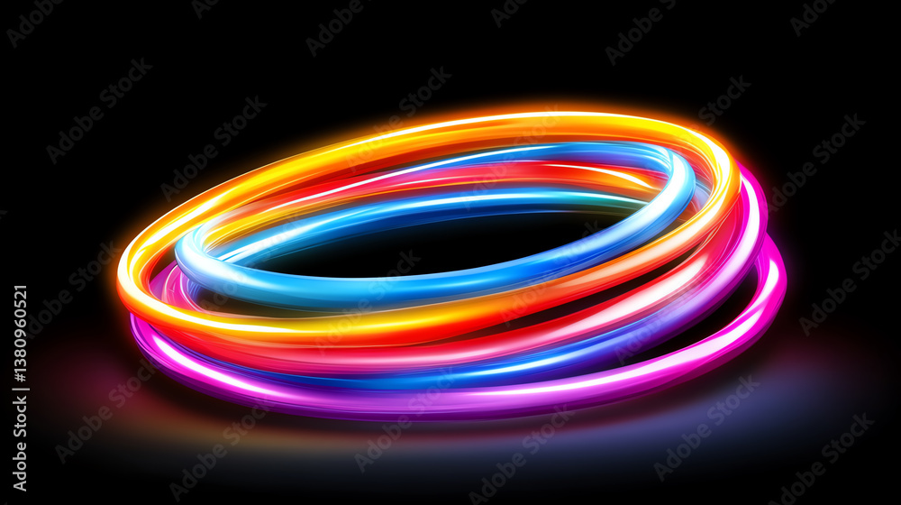 A vibrant display of colorful neon light rings swirling in a dynamic motion against a dark background, creating an eye-catching and energetic visual effect perfect for creative pro