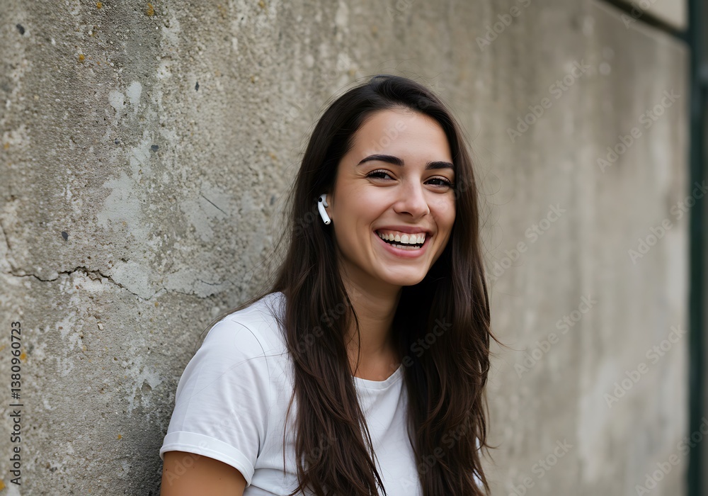 Woman with AirPods smiling while standing over concrete wall Woman with AirPods smiling while standing over concrete wall