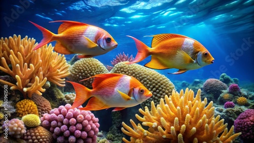 Fototapeta Naklejka Na Ścianę i Meble -  Colorful Tropical Fish Swimming Among Vibrant Coral Reef Underwater