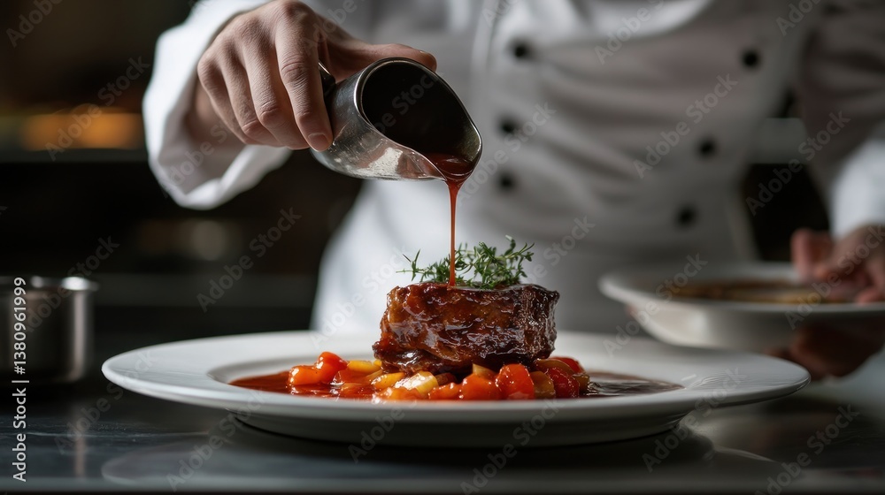 Culinary artistry: A chef expertly drizzles a rich sauce onto a gourmet meat dish