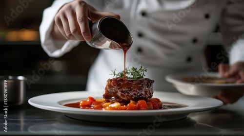Obraz na płótnie Culinary artistry: A chef expertly drizzles a rich sauce onto a gourmet meat dish w salonie