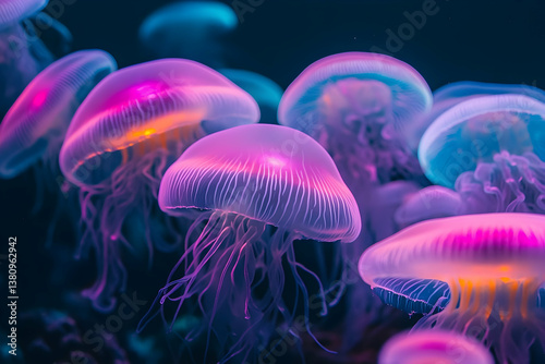 Beautiful collection of vibrant jellyfish swimming gracefully in water