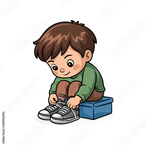 Cute Cartoon Illustration of a Young Boy Tying His Shoelaces Adorable Child Learning to Dress