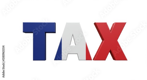 French Tax in 3D - 3D of TAX word, French flag colors, financial concept, tax season, national revenue