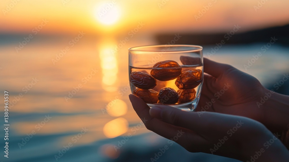Dates in water held against a sunset backdrop offering a warm and nourishing glow