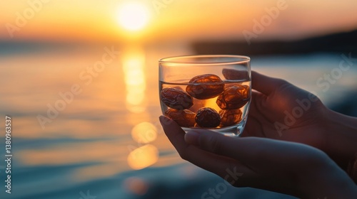 Obraz na płótnie Dates in water held against a sunset backdrop offering a warm and nourishing glow w salonie