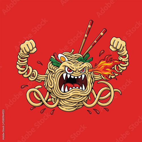 fierce noodle monster with giant chopstick arms and spicy sauce breath, bold solid color background, creative vector illustration