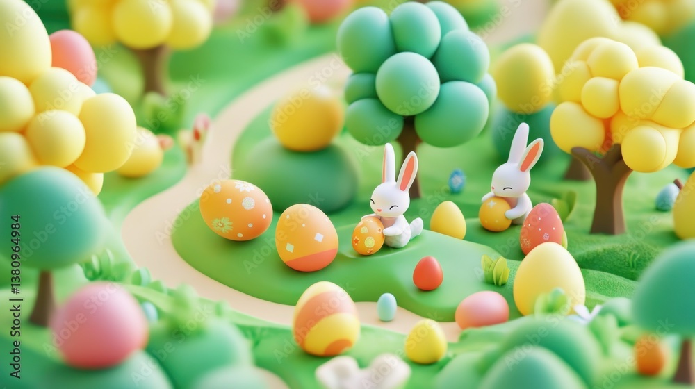 Easter Bunnies and Painted Eggs in Whimsical Forest Landscape