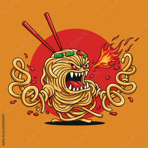 fierce noodle monster with giant chopstick arms and spicy sauce breath, bold solid color background, creative vector illustration
