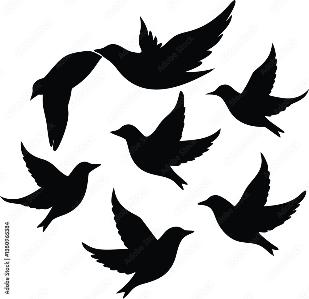 Obraz premium Vector set of peace dove and wild bird silhouettes in flight