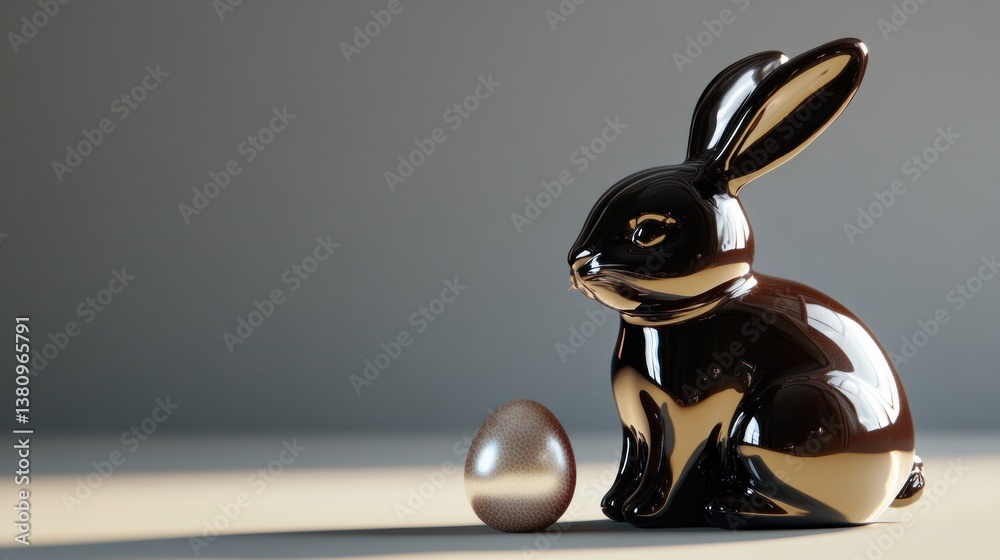 Ceramic Rabbit and Egg Still Life with Reflective Brown Surface