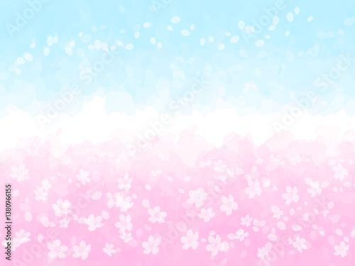 春の桜と花びらと青空イメージのテクスチャー背景素材。桜並木のイメージ。