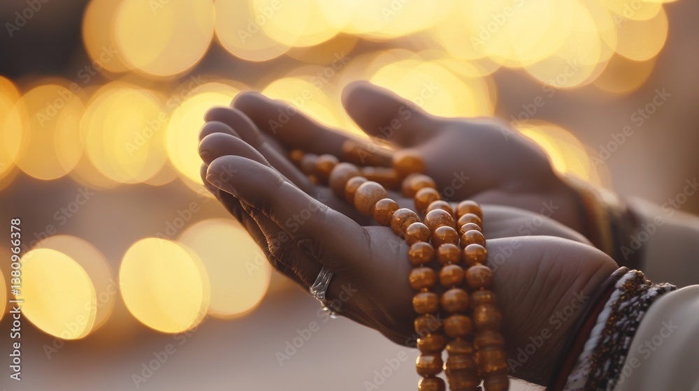 Serene hands embracing prayer beads, reflecting tranquil spirituality and devotion