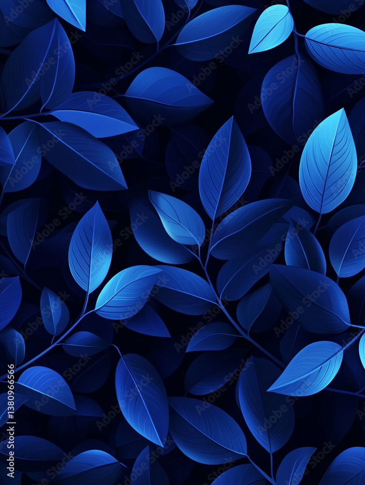 A minimalistic illustration with simple shapes of various blue leaves, arranged in an abstract pattern on the left side, set against a dark background.