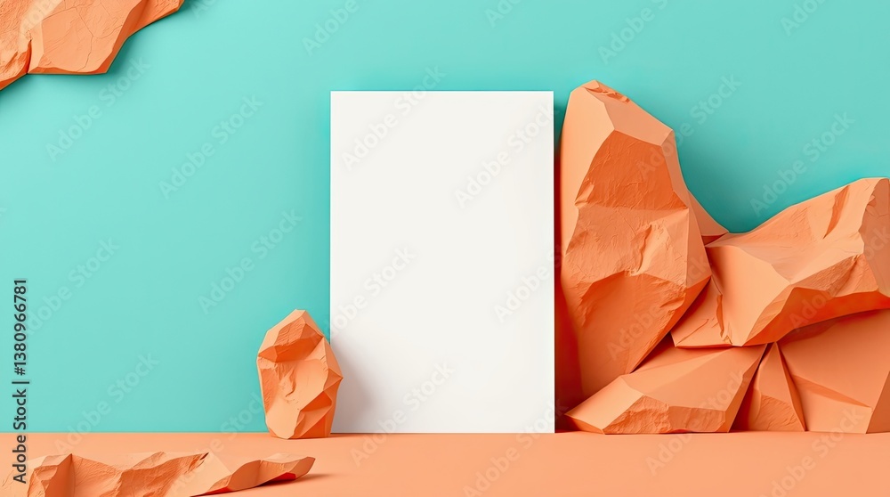 Fototapeta premium Orange colored geometric objects and blank paper against teal background