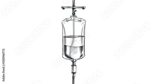 Detailed sketch depicting an intravenous fluid bag system setup