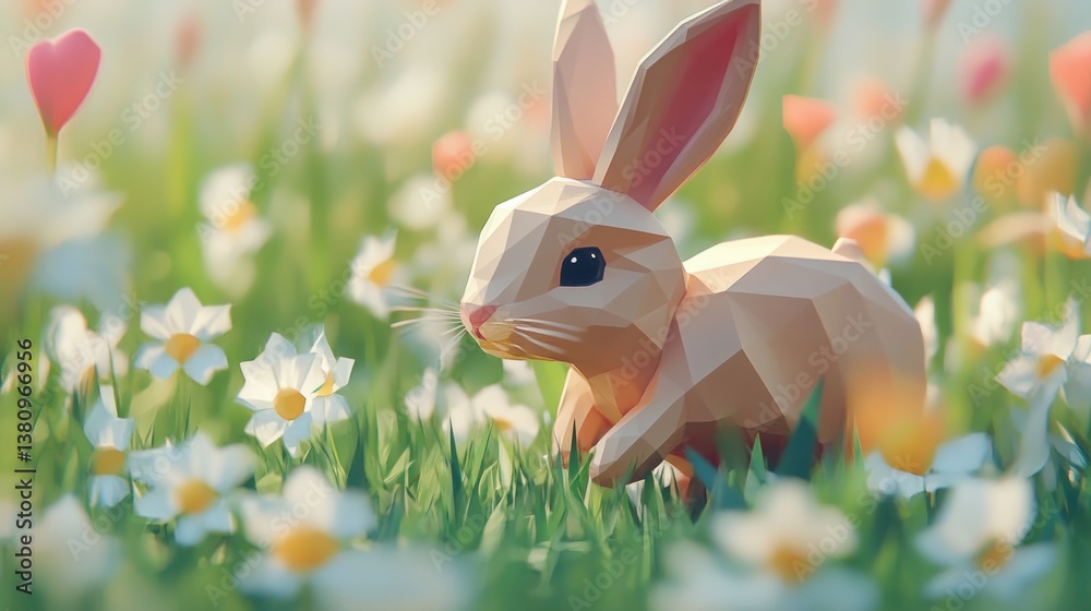 Rabbit Walking Through Flower Field in Spring Sunlight Illustration