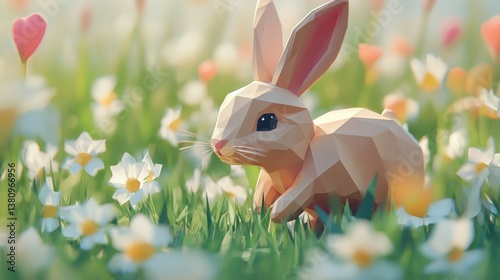 Obraz na płótnie Rabbit Walking Through Flower Field in Spring Sunlight Illustration w salonie