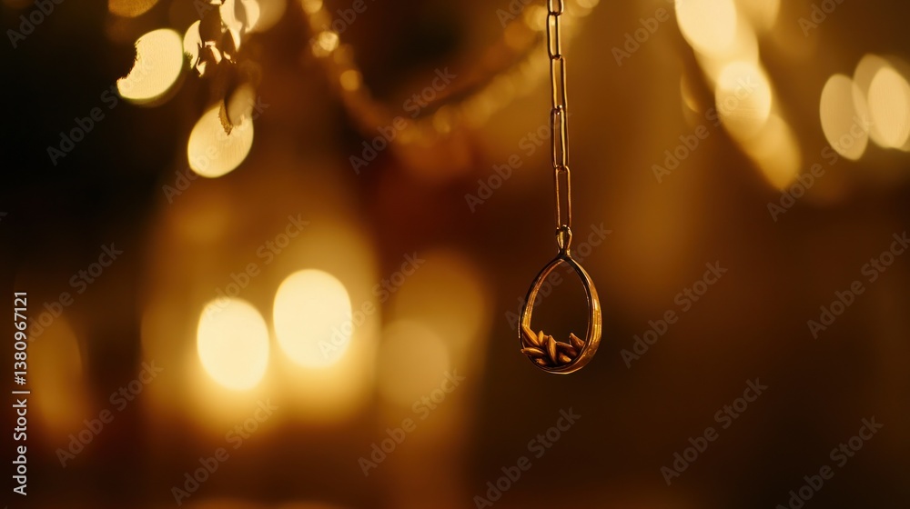 Elegant golden pendant reflecting ambient light, creating a warm atmosphere