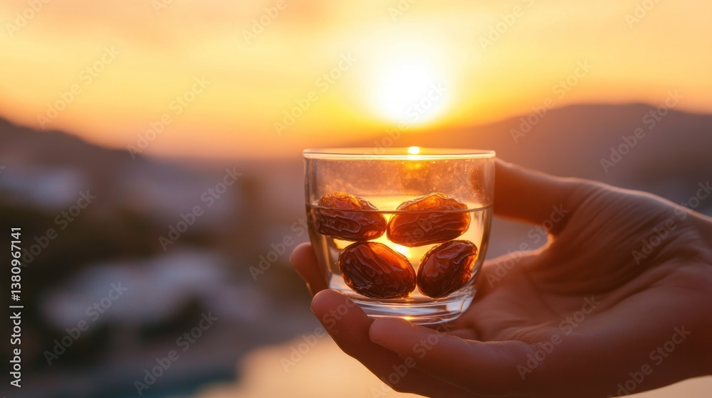 Golden Hour Refreshment: Dates in Water held Against a Sunset Backdrop