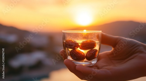 Obraz na płótnie Golden Hour Refreshment: Dates in Water held Against a Sunset Backdrop w salonie