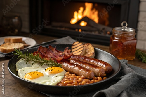 classic english breakfast with bacon, eggs, and sausages. food photography