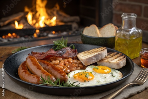 classic english breakfast with bacon, eggs, and sausages. food photography