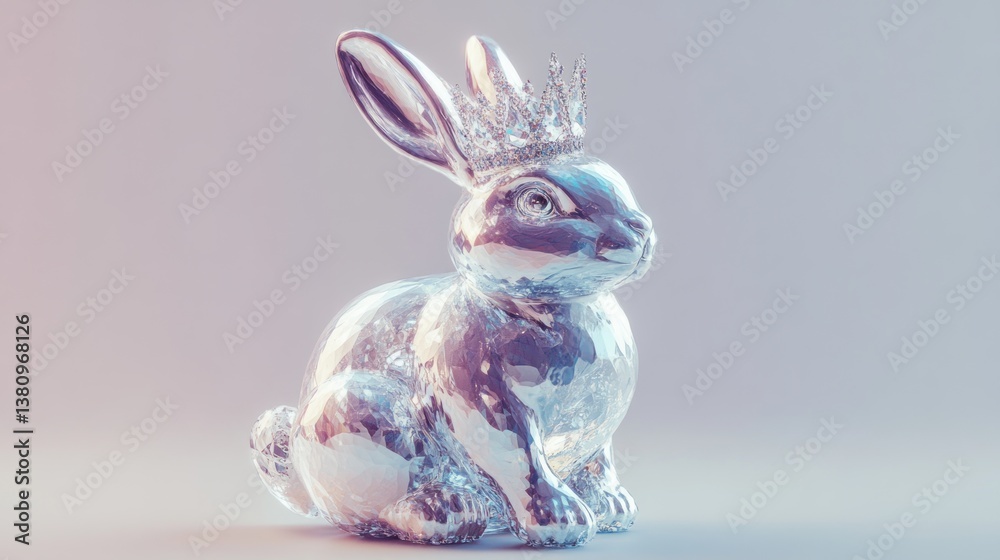 Elegant Silver Rabbit Figurine Wearing a Crown Displayed on Pastel Background