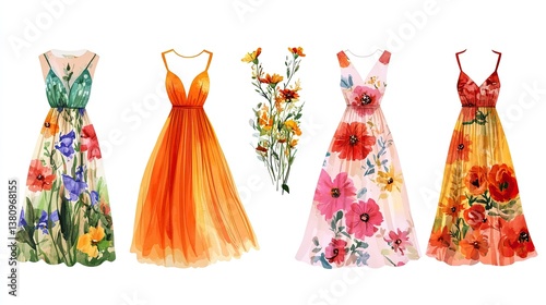 Stylish summer dresses with vibrant floral prints and elegant flowy design on a white background 