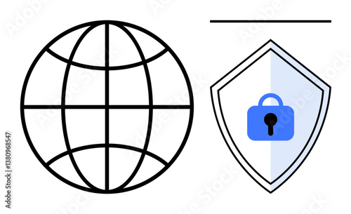 Earth globe connected by grid lines symbolizes global online network. Shield with a padlock icon represents security. Ideal for cybersecurity, data protection, global communication, online safety