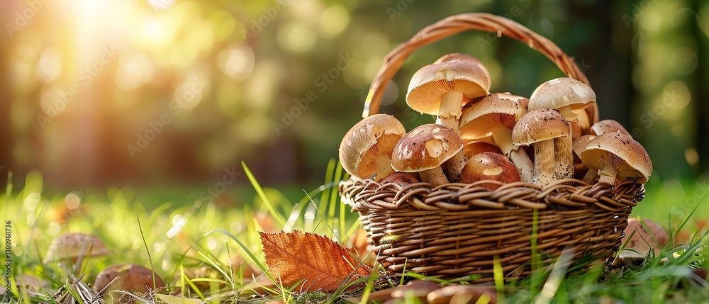 Munchies that are edible With wild grass encompassing them, porcini in a wicker basket and space, Generative AI. Munchies that are edible With wild grass encompassing them, porcini in a wicker basket and space, Generative AI.