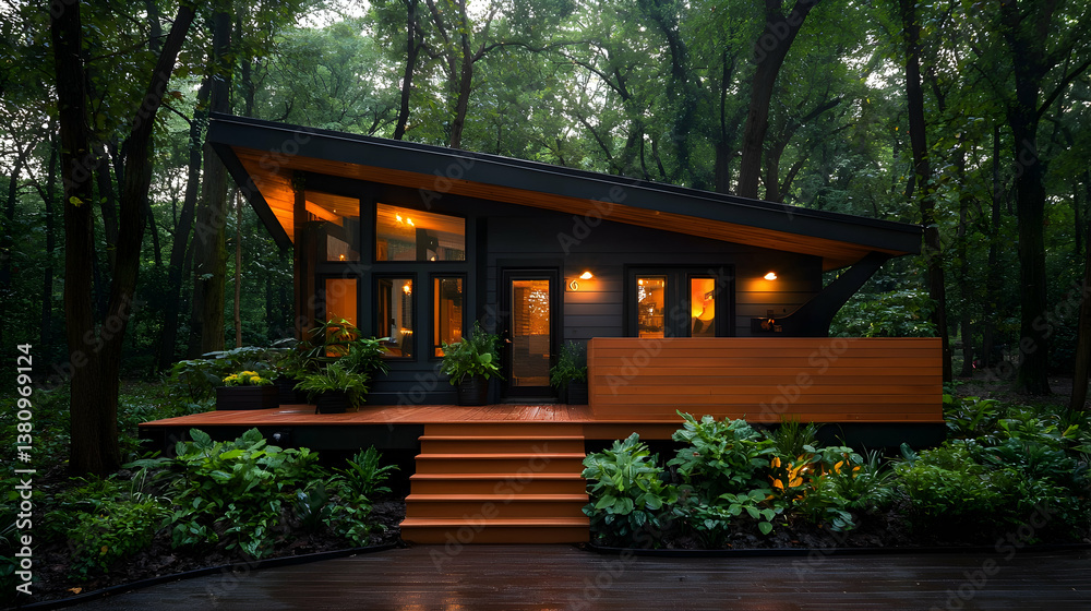 Modern Dark Wood Mini House Exterior in Forest Setting at Night Modern Dark Wood Mini House Exterior in Forest Setting at Night