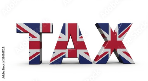 UK Tax 3D  - 3D of TAX in bold letters, featuring the UK flag design. Symbolizing British taxation, finance, revenue, government, and economy