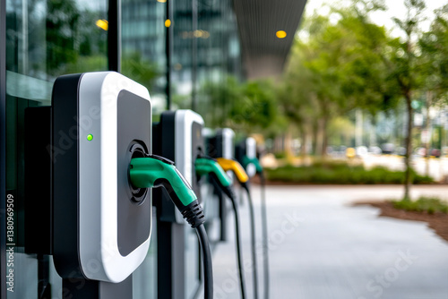 A modern electric vehicle charging station with multiple connectors set against a backdrop of greenery and contemporary architecture.