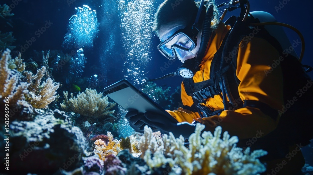 Underwater Research: Marine Biologist Analyzing Coral Reef Health with a Tablet