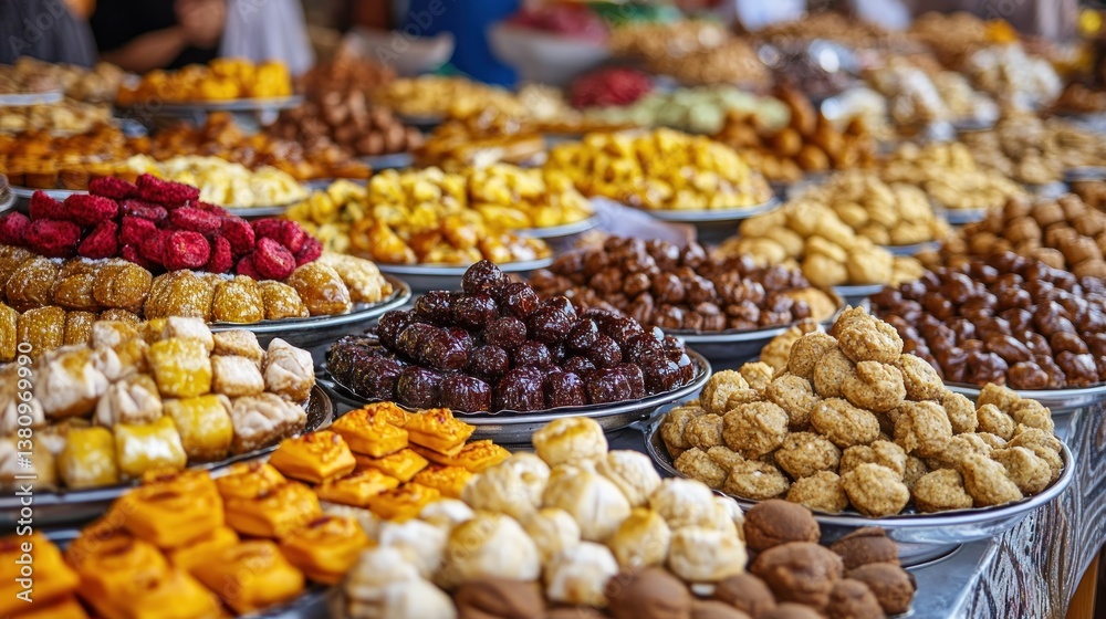 Exotic Middle Eastern Delights: A Colorful Array of Sweets and Confections Displayed