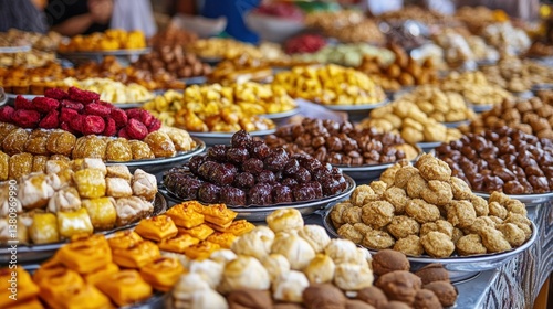 Obraz na płótnie Exotic Middle Eastern Delights: A Colorful Array of Sweets and Confections Displayed w salonie