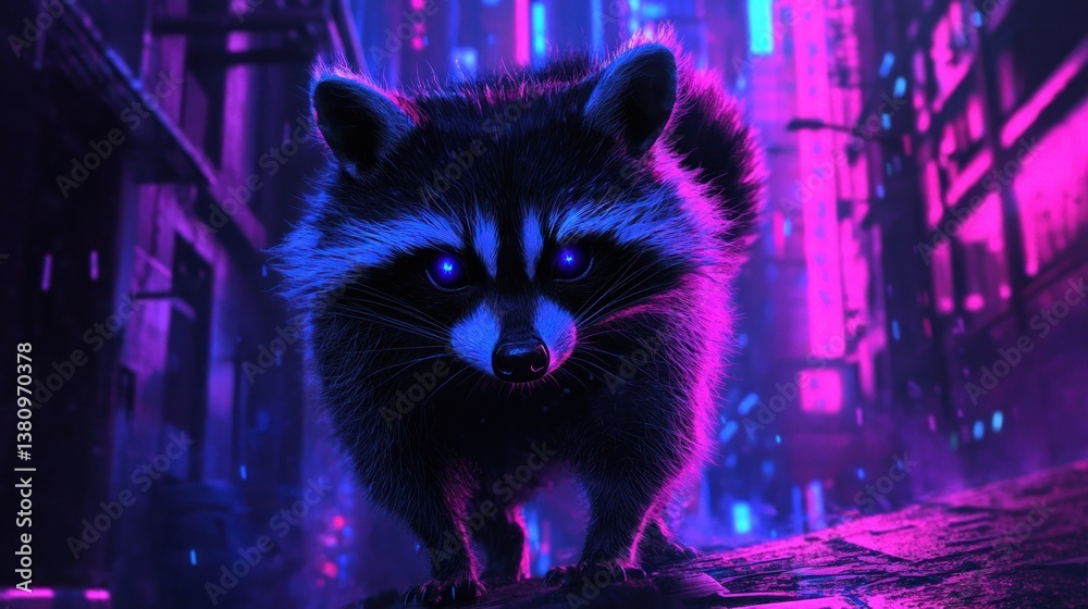 Raccoon Walking in a Neon Lit Alleyway with Bright Eyes