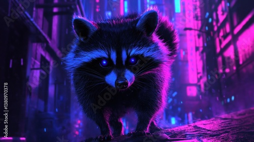 Obraz na płótnie Raccoon Walking in a Neon Lit Alleyway with Bright Eyes w salonie